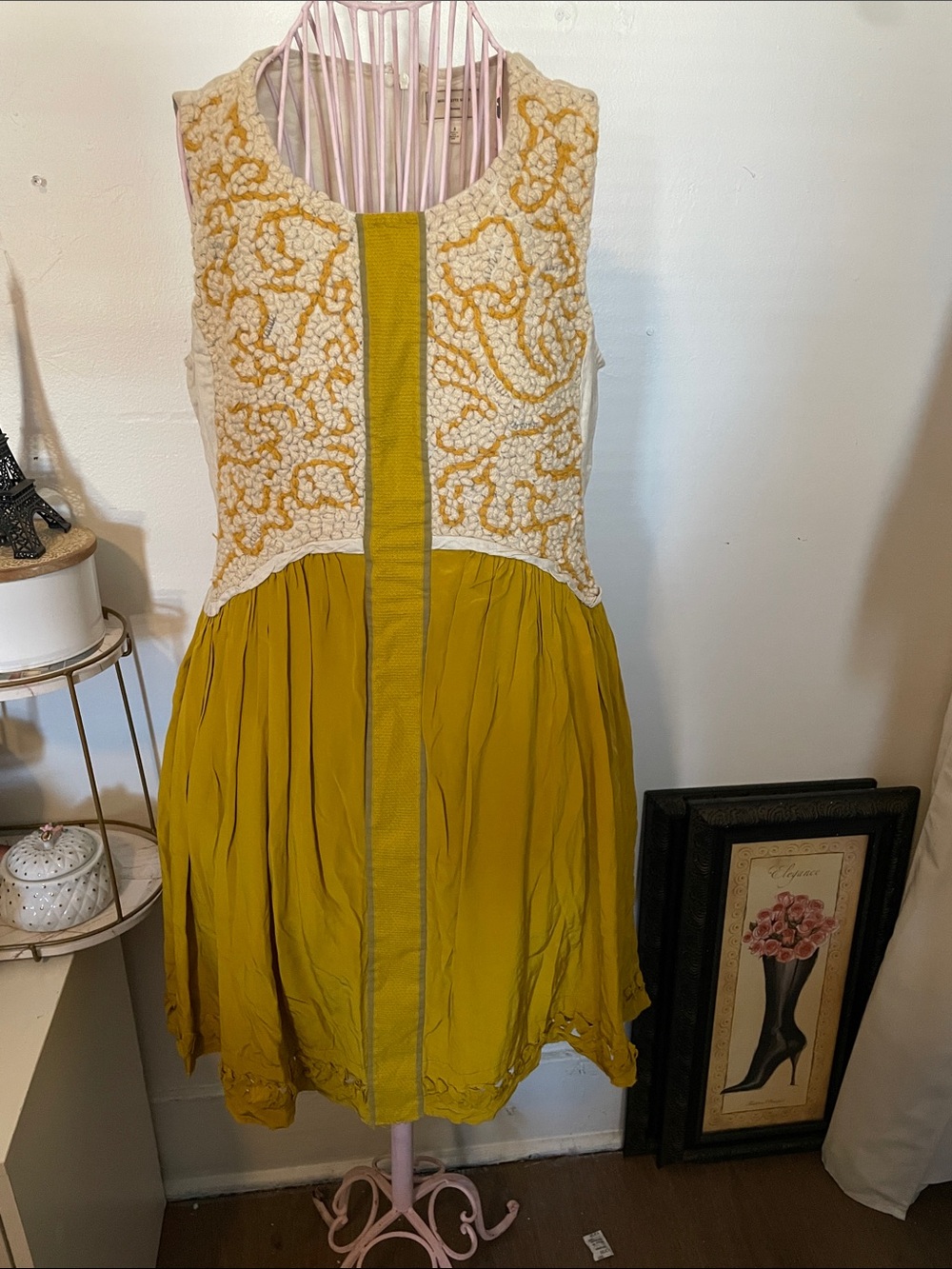 Moulinette Soeurs Mustard Yellow and Cream Textured A-Line Dress